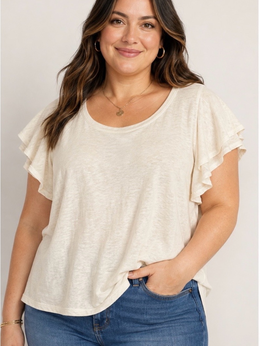 Old Navy 3X Ivory Linen Blend Flutter Sleeve Top Oversized Boho Coastal